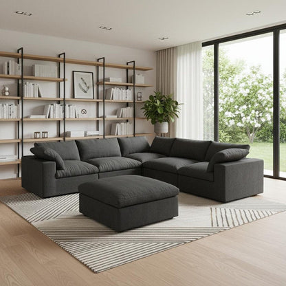 Black Linen Blend Modular L Shaped Six Piece Corner Sectional With Ottoman HomeRoots