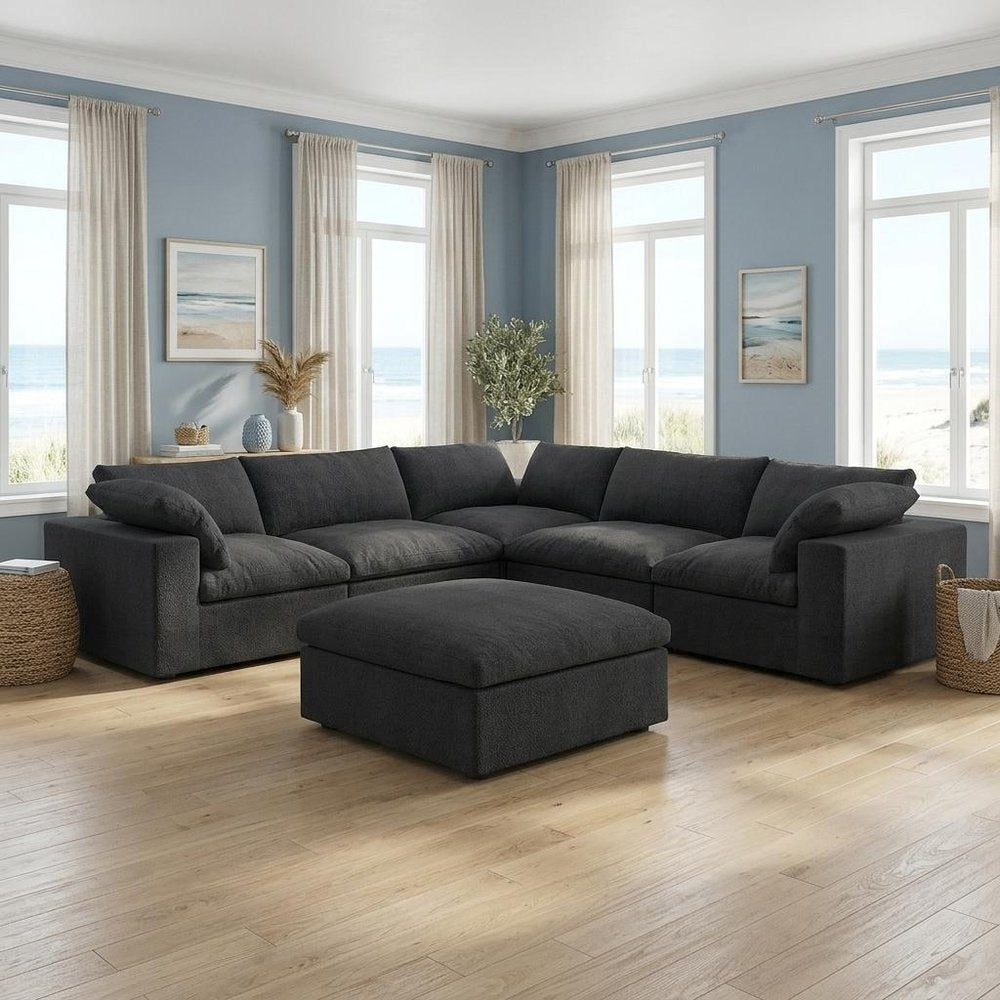 Black Linen Blend Modular L Shaped Six Piece Corner Sectional With Ottoman HomeRoots