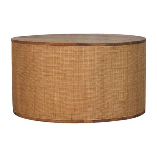 30" Brown Solid Wood and Rattan Round Solid Coffee Table