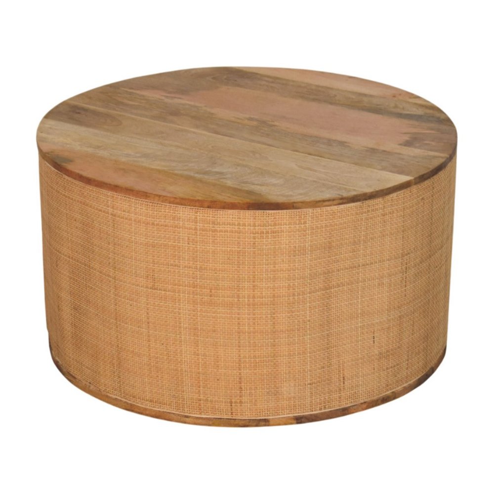 30" Brown Solid Wood and Rattan Round Solid Coffee Table — view 2