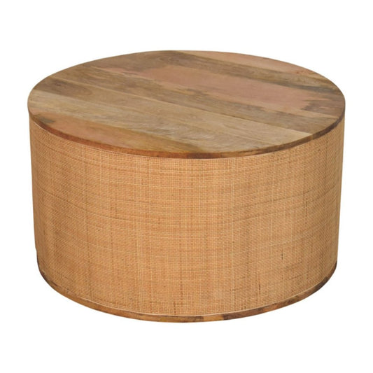 30" Brown Solid Wood and Rattan Round Solid Coffee Table
