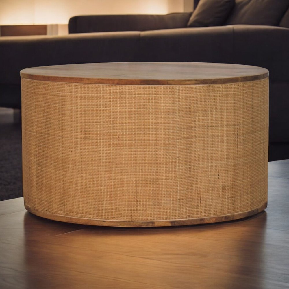 30" Brown Solid Wood and Rattan Round Solid Coffee Table — view 8
