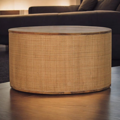 30" Brown Solid Wood and Rattan Round Solid Coffee Table HomeRoots