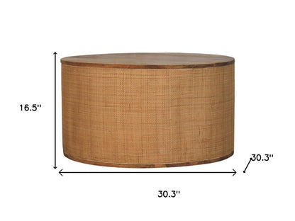 30" Brown Solid Wood and Rattan Round Solid Coffee Table HomeRoots