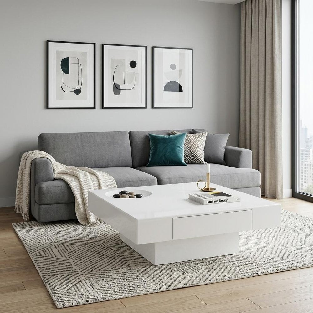 43" White Wood Square Pedestal Coffee Table With Drawer — view 1