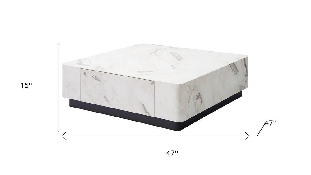 47" White and Black Cement and Wood Square Block Coffee Table With Two Drawers HomeRoots