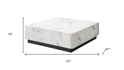 47" White and Black Cement and Wood Square Block Coffee Table With Two Drawers HomeRoots