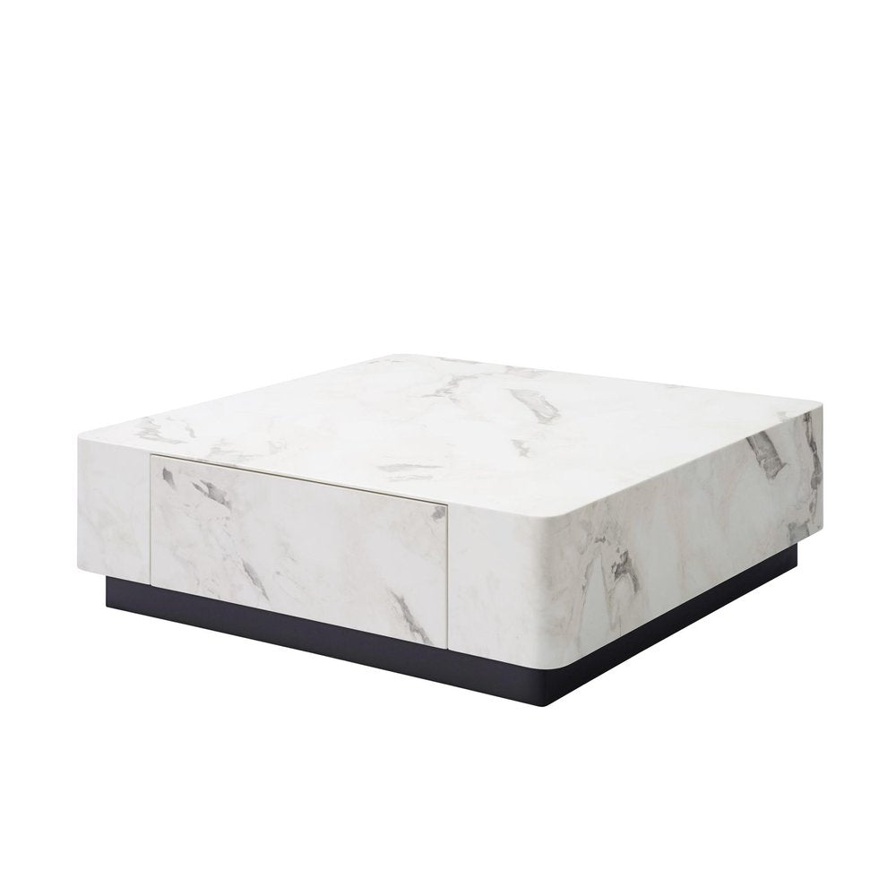 47" White and Black Cement and Wood Square Block Coffee Table With Two Drawers HomeRoots