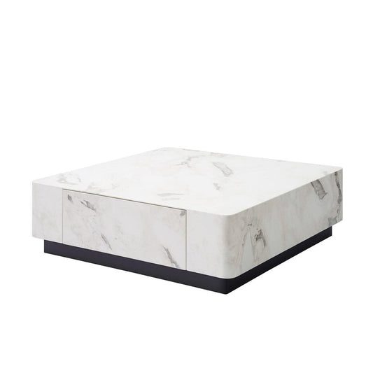 47" White and Black Cement and Wood Square Block Coffee Table With Two Drawers