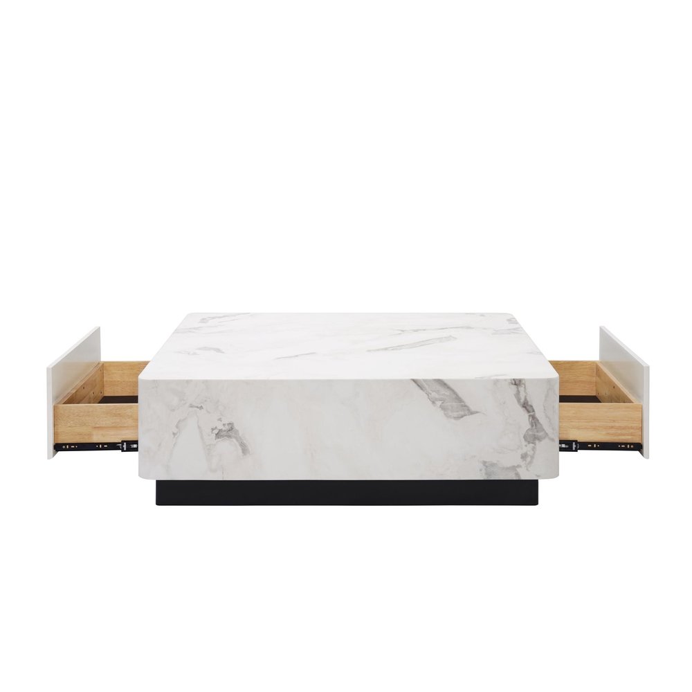 47" White and Black Cement and Wood Square Block Coffee Table With Two Drawers HomeRoots