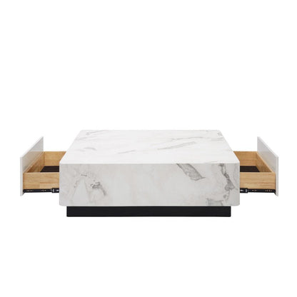 47" White and Black Cement and Wood Square Block Coffee Table With Two Drawers HomeRoots