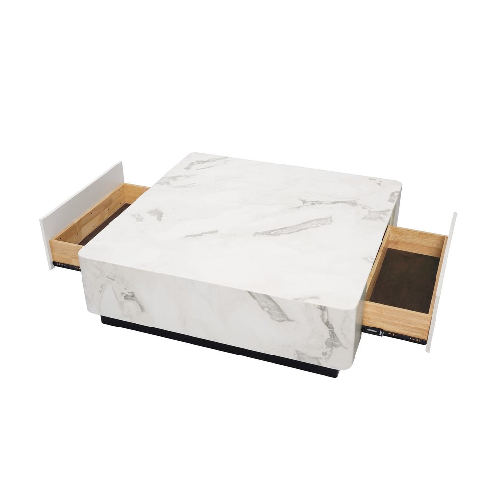47" White and Black Cement and Wood Square Block Coffee Table With Two Drawers — view 7