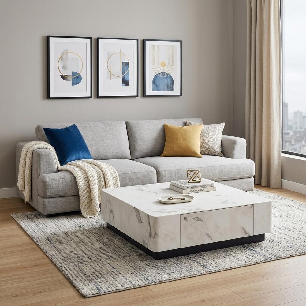 47" White and Black Cement and Wood Square Block Coffee Table With Two Drawers HomeRoots
