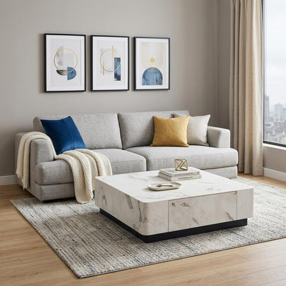 47" White and Black Cement and Wood Square Block Coffee Table With Two Drawers HomeRoots