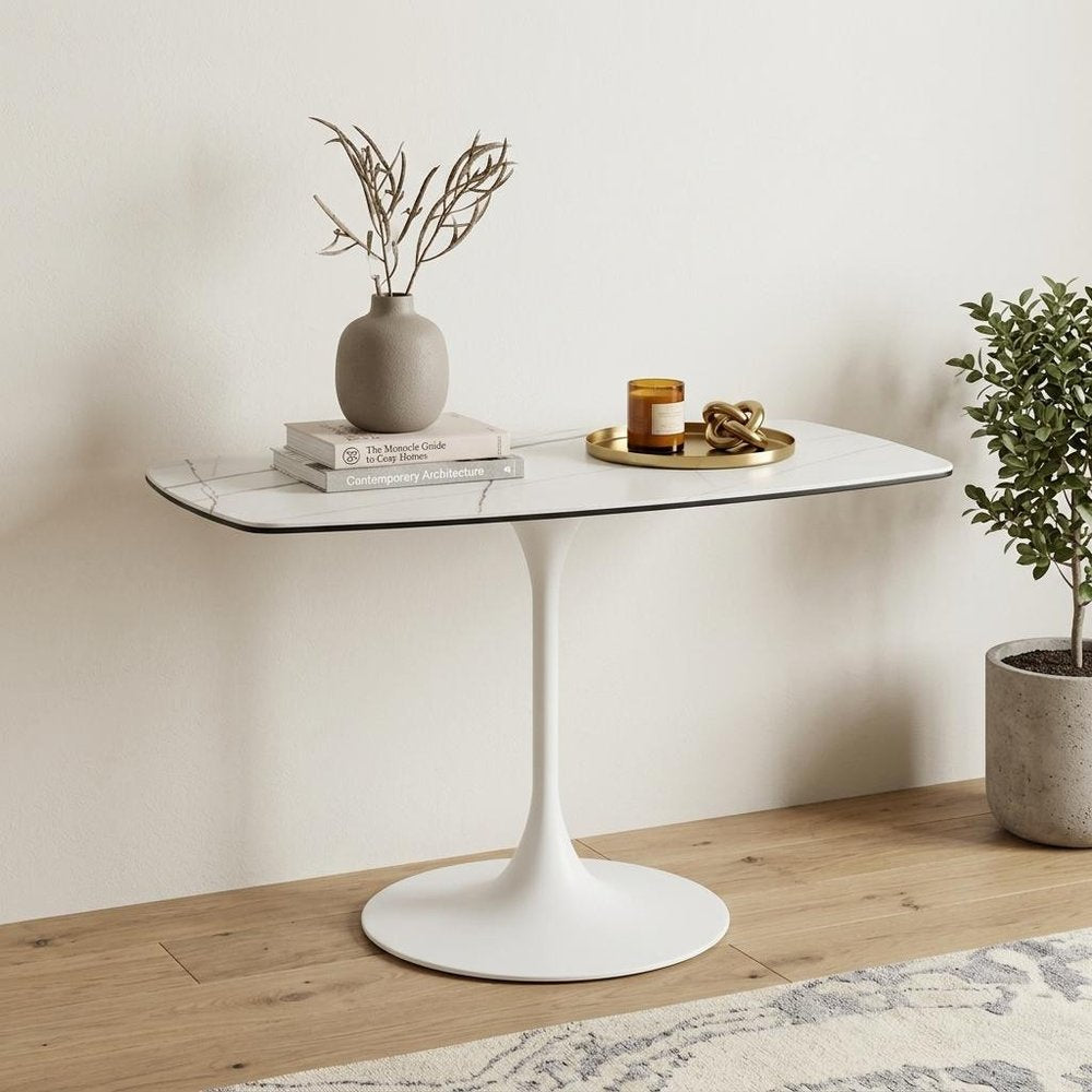 47" White Ceramic Faux Marble Glass And Steel Pedestal Console Table — view 1
