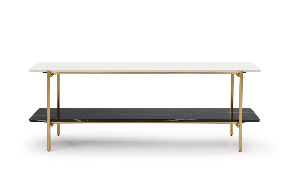 72" Black White And Gold Genuine Marble and Metal Console Table With Shelf — view 2