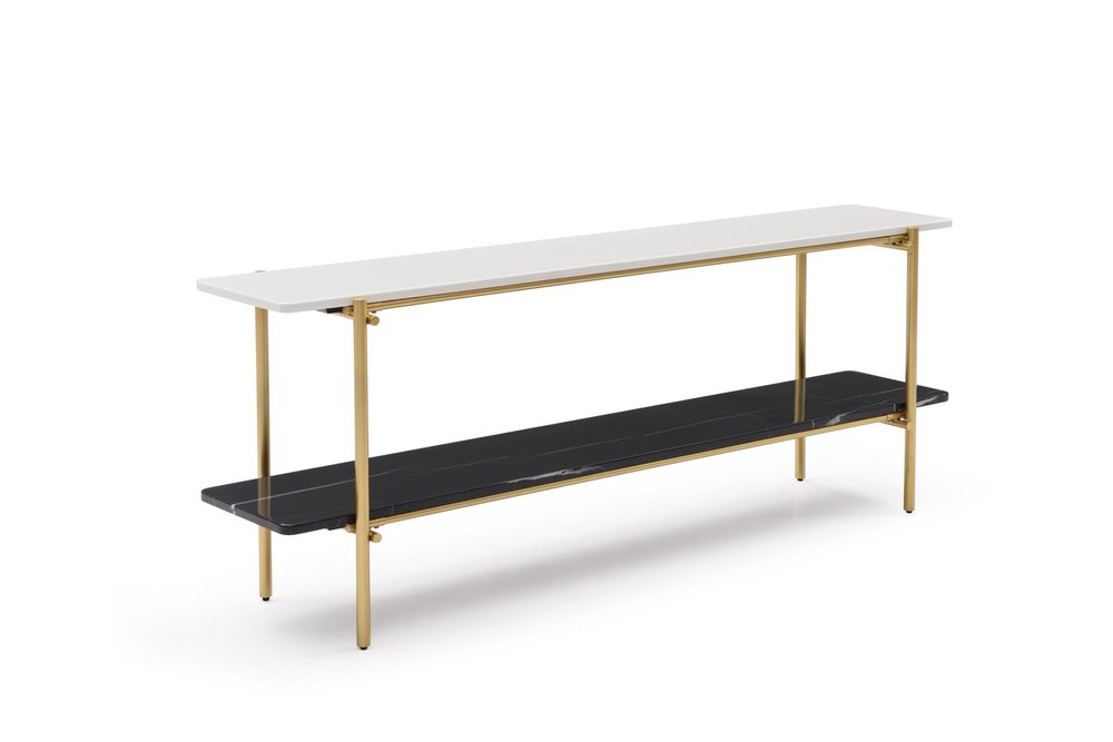 72" Black White And Gold Genuine Marble and Metal Console Table With Shelf — view 3