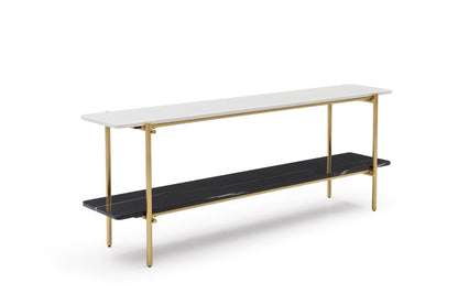 72" Black White And Gold Genuine Marble and Metal Console Table With Shelf HomeRoots