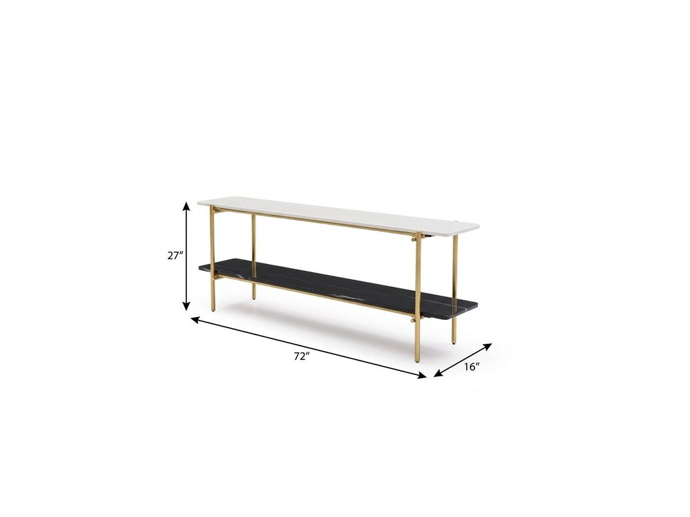 72" Black White And Gold Genuine Marble and Metal Console Table With Shelf HomeRoots