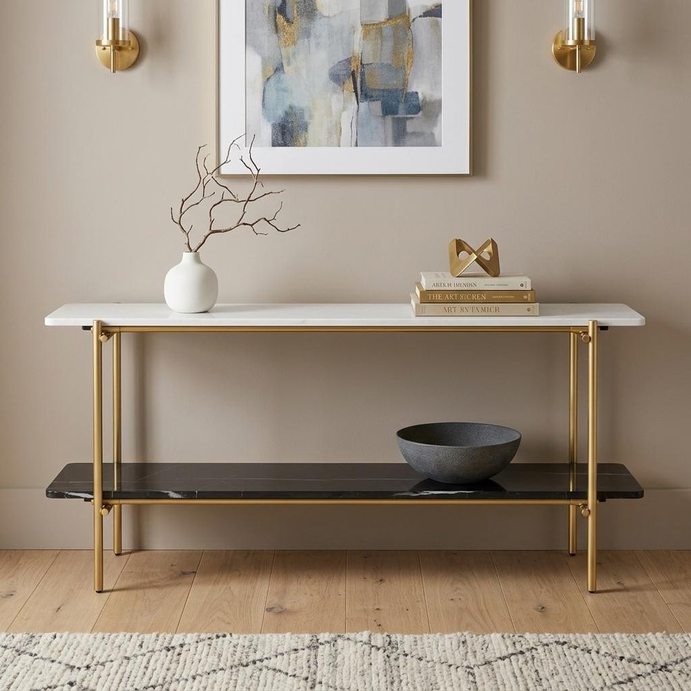 72" Black White And Gold Genuine Marble and Metal Console Table With Shelf HomeRoots