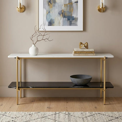 72" Black White And Gold Genuine Marble and Metal Console Table With Shelf HomeRoots