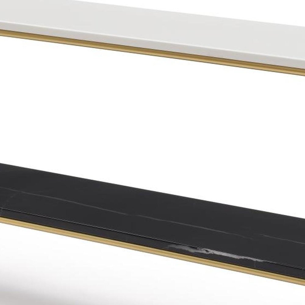 72" Black White And Gold Genuine Marble and Metal Console Table With Shelf — view 5