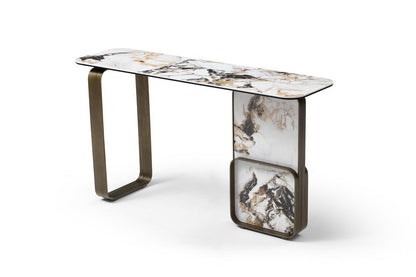 55" Black White and Bronze Ceramic Tile Glass and Steel Console Table HomeRoots