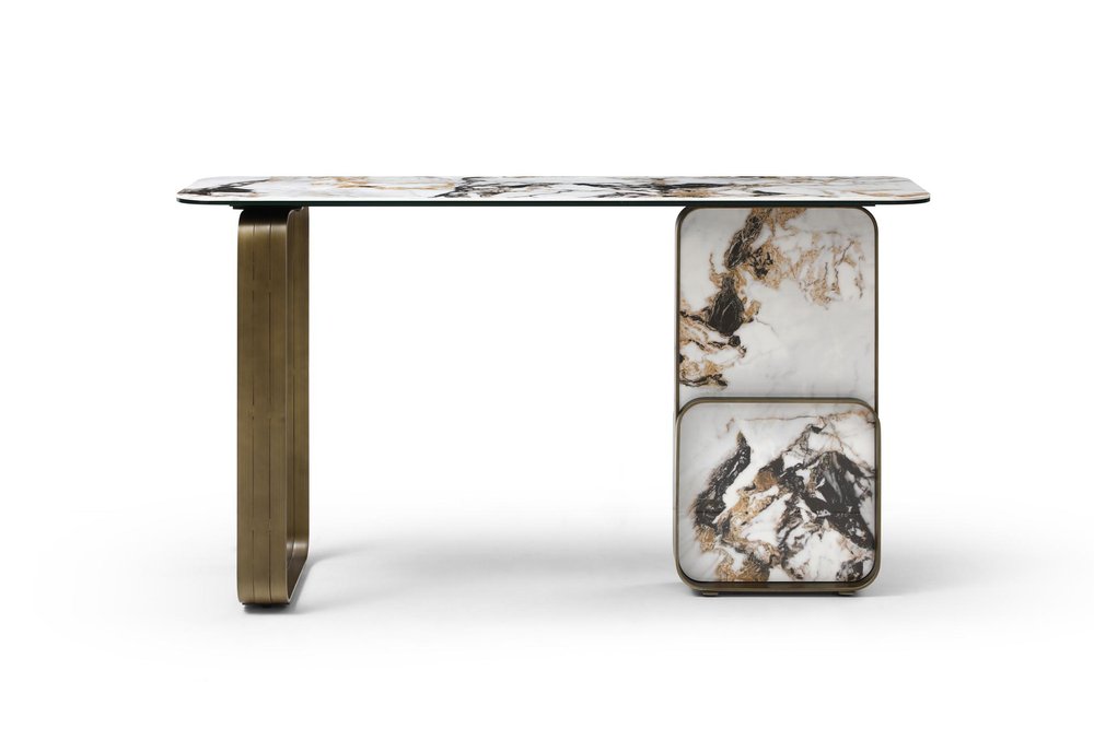 55" Black White and Bronze Ceramic Tile Glass and Steel Console Table HomeRoots