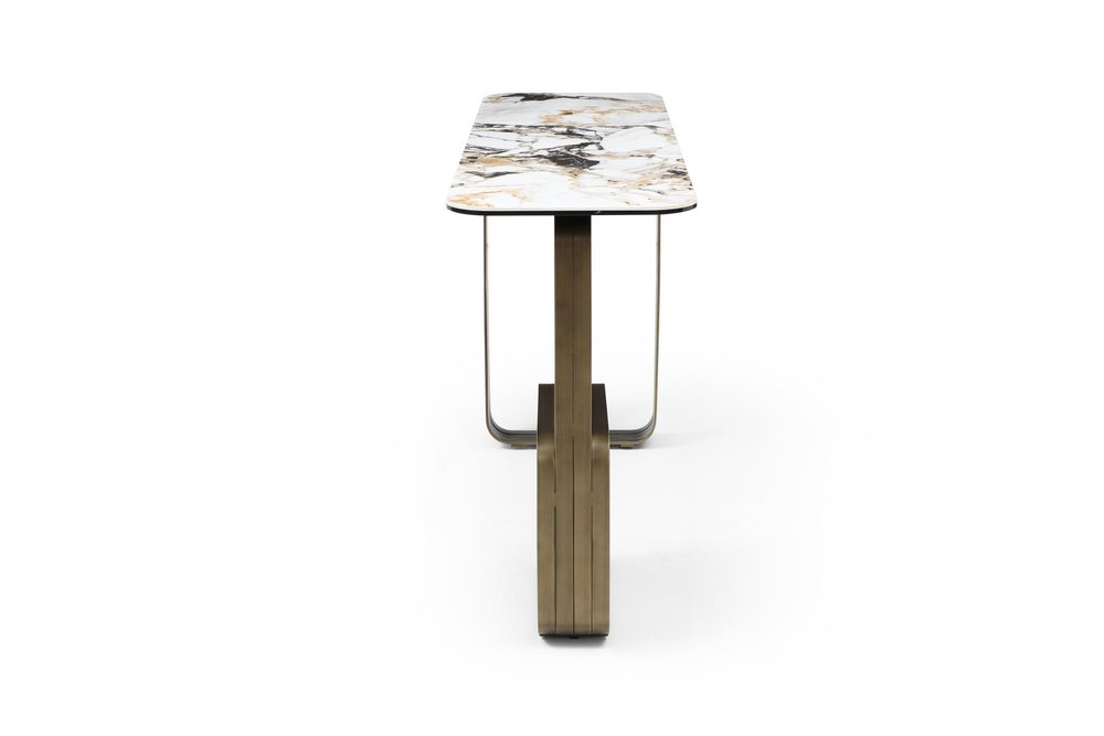 55" Black White and Bronze Ceramic Tile Glass and Steel Console Table — view 3