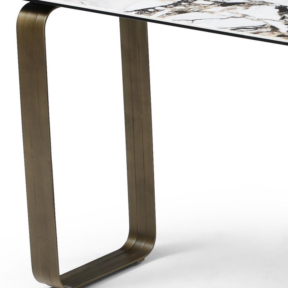 55" Black White and Bronze Ceramic Tile Glass and Steel Console Table — view 6