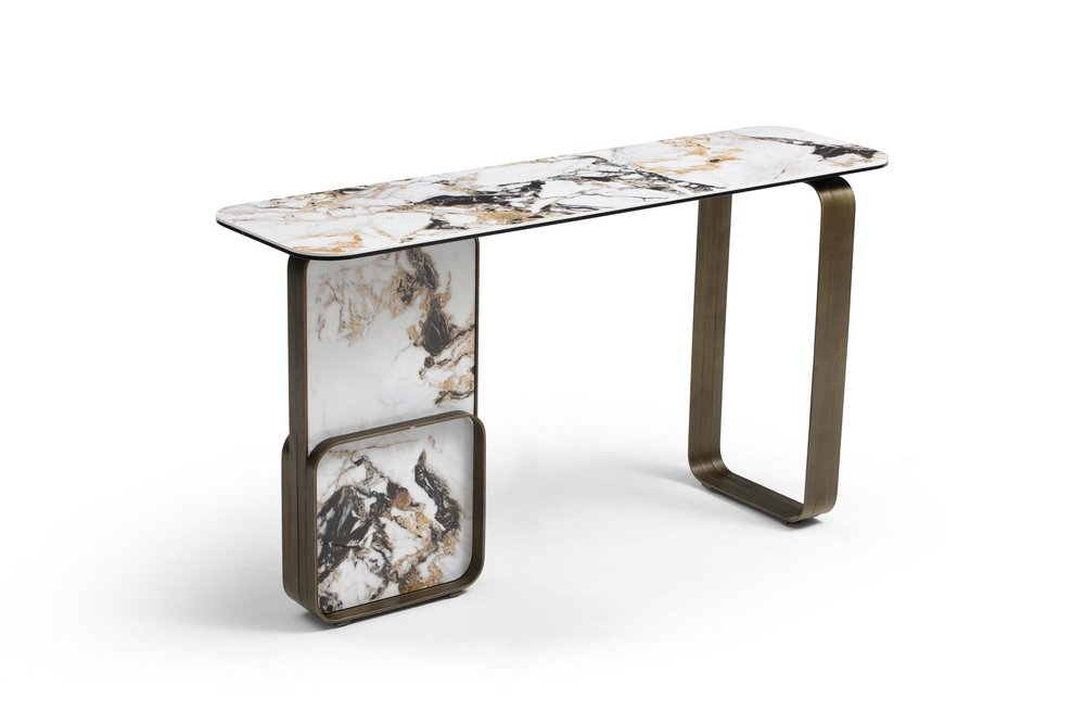 55" Black White and Bronze Ceramic Tile Glass and Steel Console Table HomeRoots