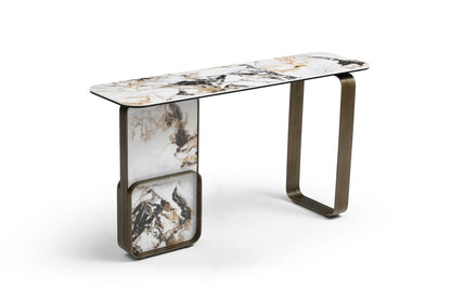 55" Black White and Bronze Ceramic Tile Glass and Steel Console Table HomeRoots