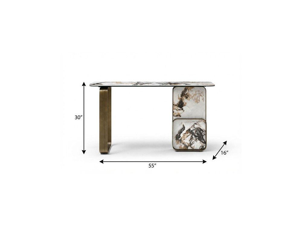 55" Black White and Bronze Ceramic Tile Glass and Steel Console Table — view 7