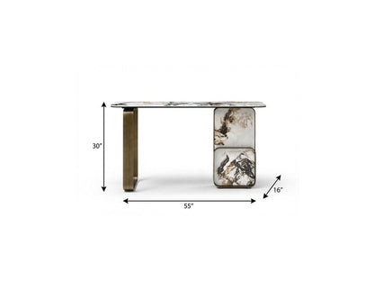 55" Black White and Bronze Ceramic Tile Glass and Steel Console Table HomeRoots