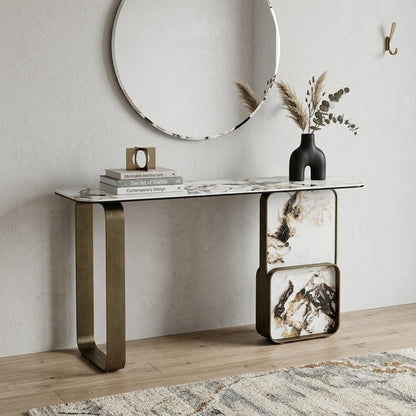 55" Black White and Bronze Ceramic Tile Glass and Steel Console Table HomeRoots