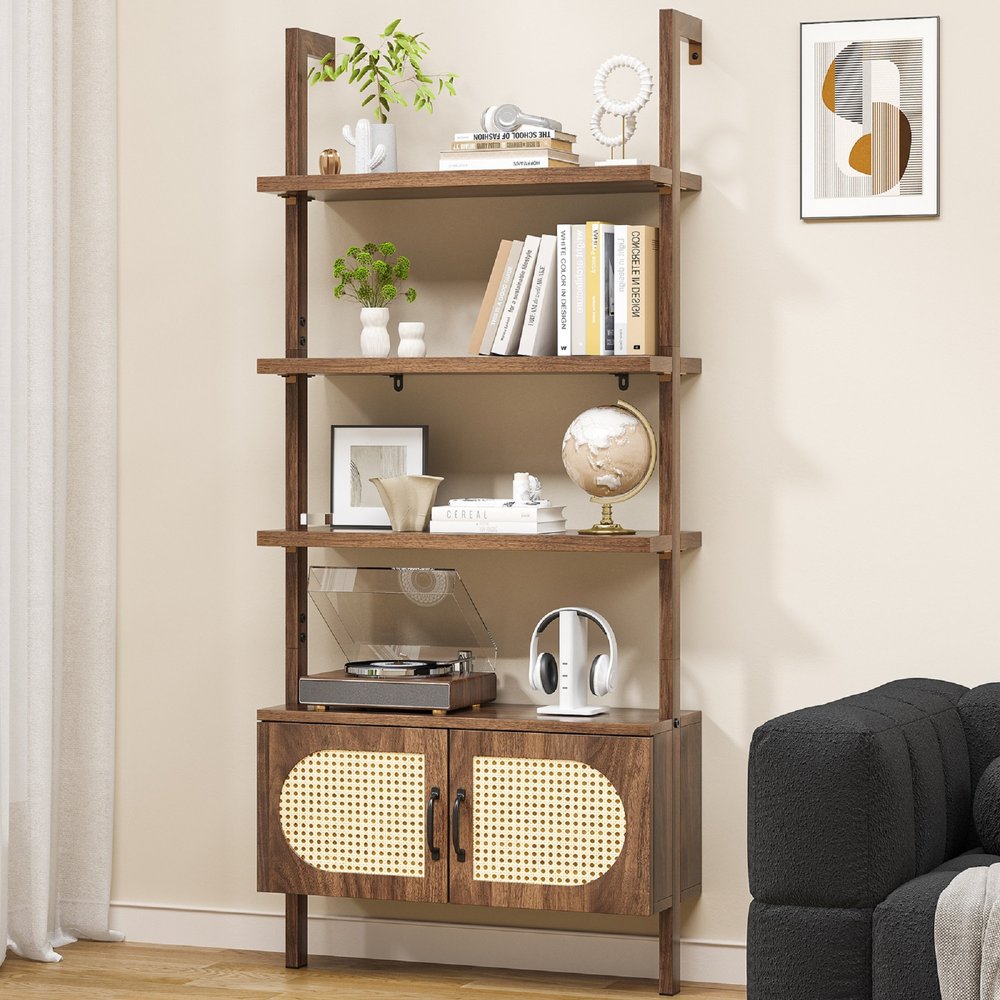 72" Light Brown Wood Adjustable Four Tier Etagere Bookcase with Two Doors HomeRoots