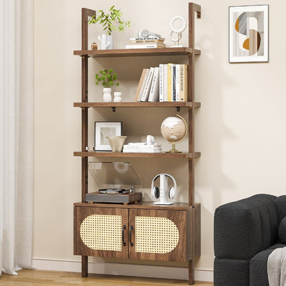 72" Light Brown Wood Adjustable Four Tier Etagere Bookcase with Two Doors HomeRoots