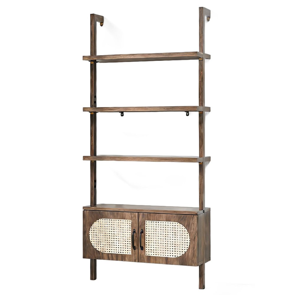 72" Light Brown Wood Adjustable Four Tier Etagere Bookcase with Two Doors HomeRoots