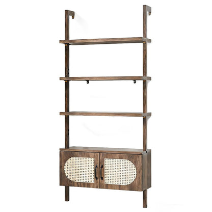 72" Light Brown Wood Adjustable Four Tier Etagere Bookcase with Two Doors HomeRoots