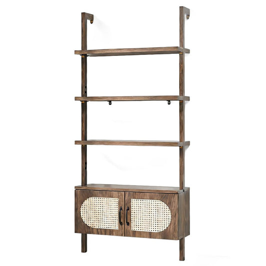 72" Light Brown Wood Adjustable Four Tier Etagere Bookcase with Two Doors HomeRoots