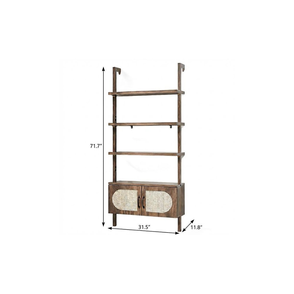 72" Light Brown Wood Adjustable Four Tier Etagere Bookcase with Two Doors HomeRoots
