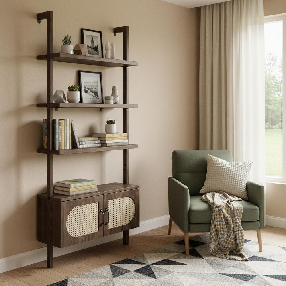 72" Light Brown Wood Adjustable Four Tier Etagere Bookcase with Two Doors HomeRoots