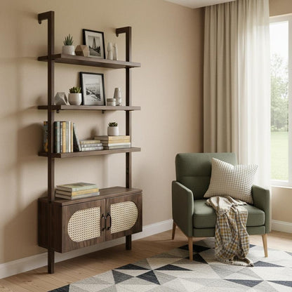 72" Light Brown Wood Adjustable Four Tier Etagere Bookcase with Two Doors HomeRoots