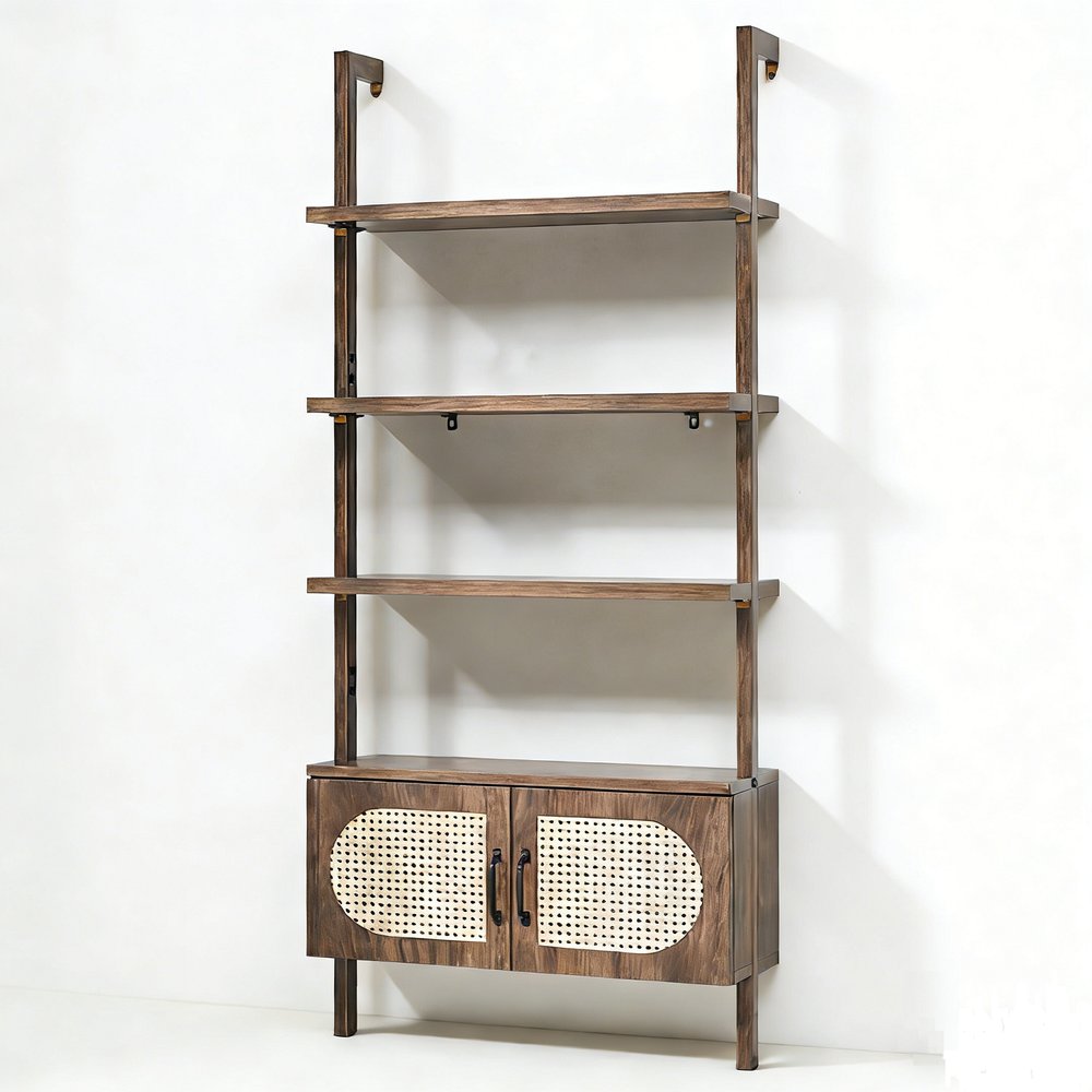 72" Light Brown Wood Adjustable Four Tier Etagere Bookcase with Two Doors HomeRoots