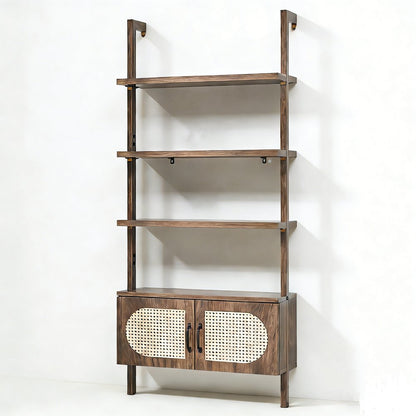 72" Light Brown Wood Adjustable Four Tier Etagere Bookcase with Two Doors HomeRoots