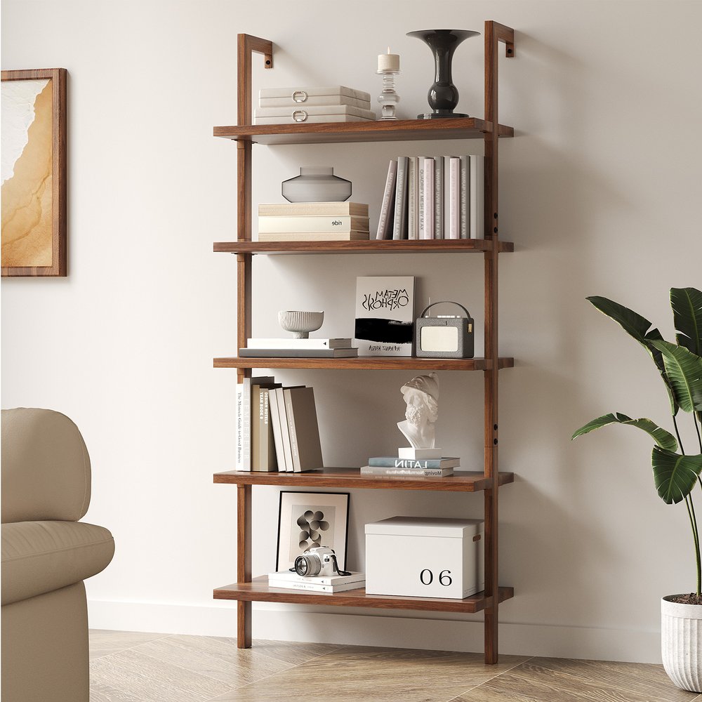 71" Light Brown Wood Adjustable Five Tier Etagere Bookcase HomeRoots