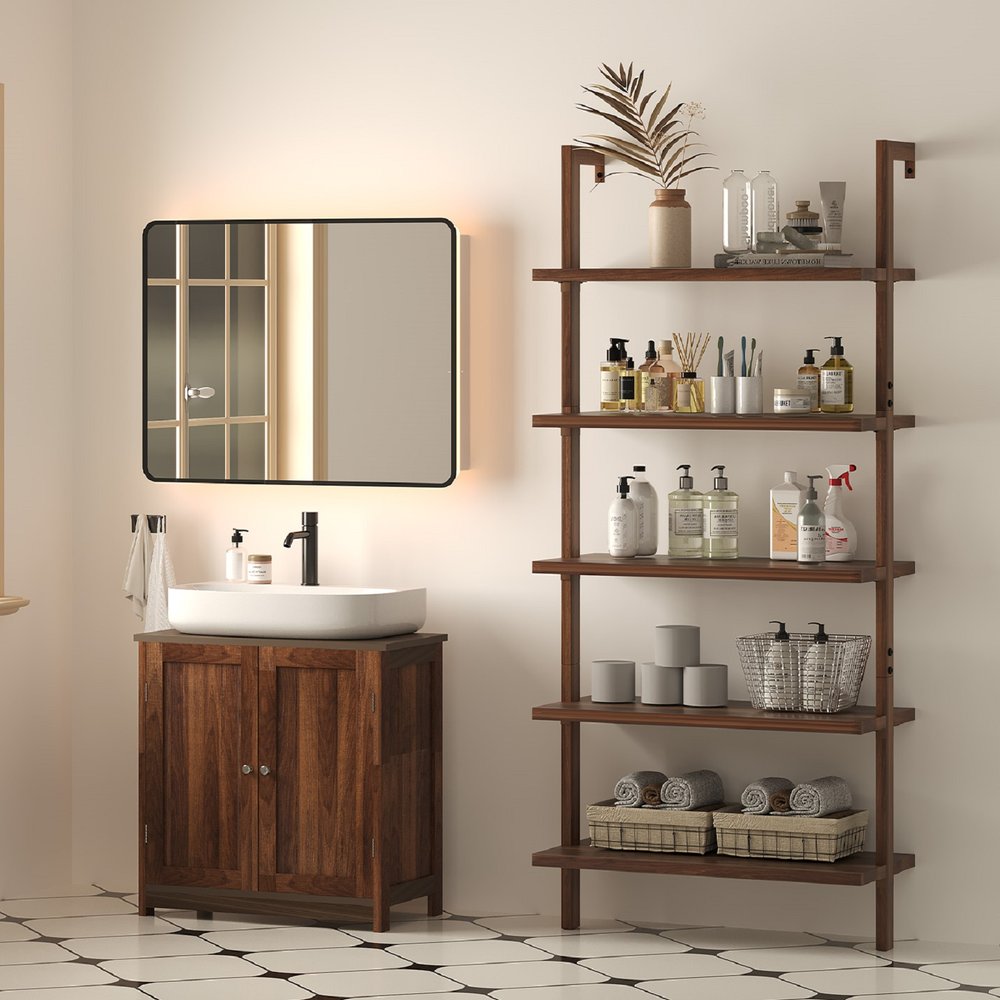 71" Light Brown Wood Adjustable Five Tier Etagere Bookcase HomeRoots
