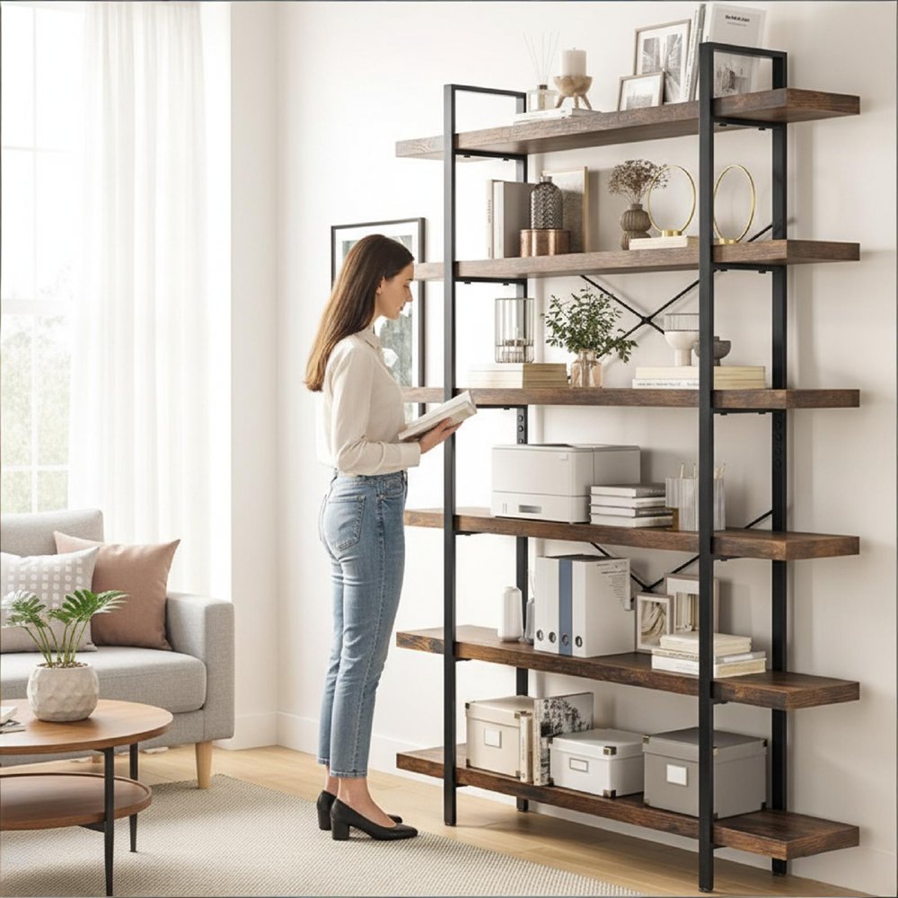 80" Brown Wood Six Tier Etagere Bookcase HomeRoots