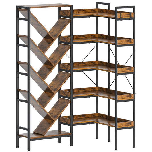 69" Brown And Black Wood And Metal Ten Tier Corner Bookcase HomeRoots
