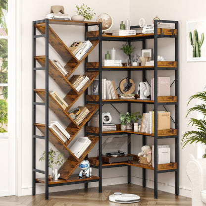 69" Brown And Black Wood And Metal Ten Tier Corner Bookcase HomeRoots